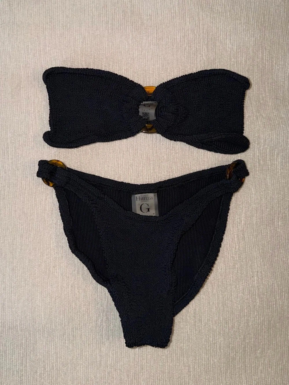 New Hunza G Gloria Bikini Set Black Strapless Bandeau Crinkle One Size Stretchy